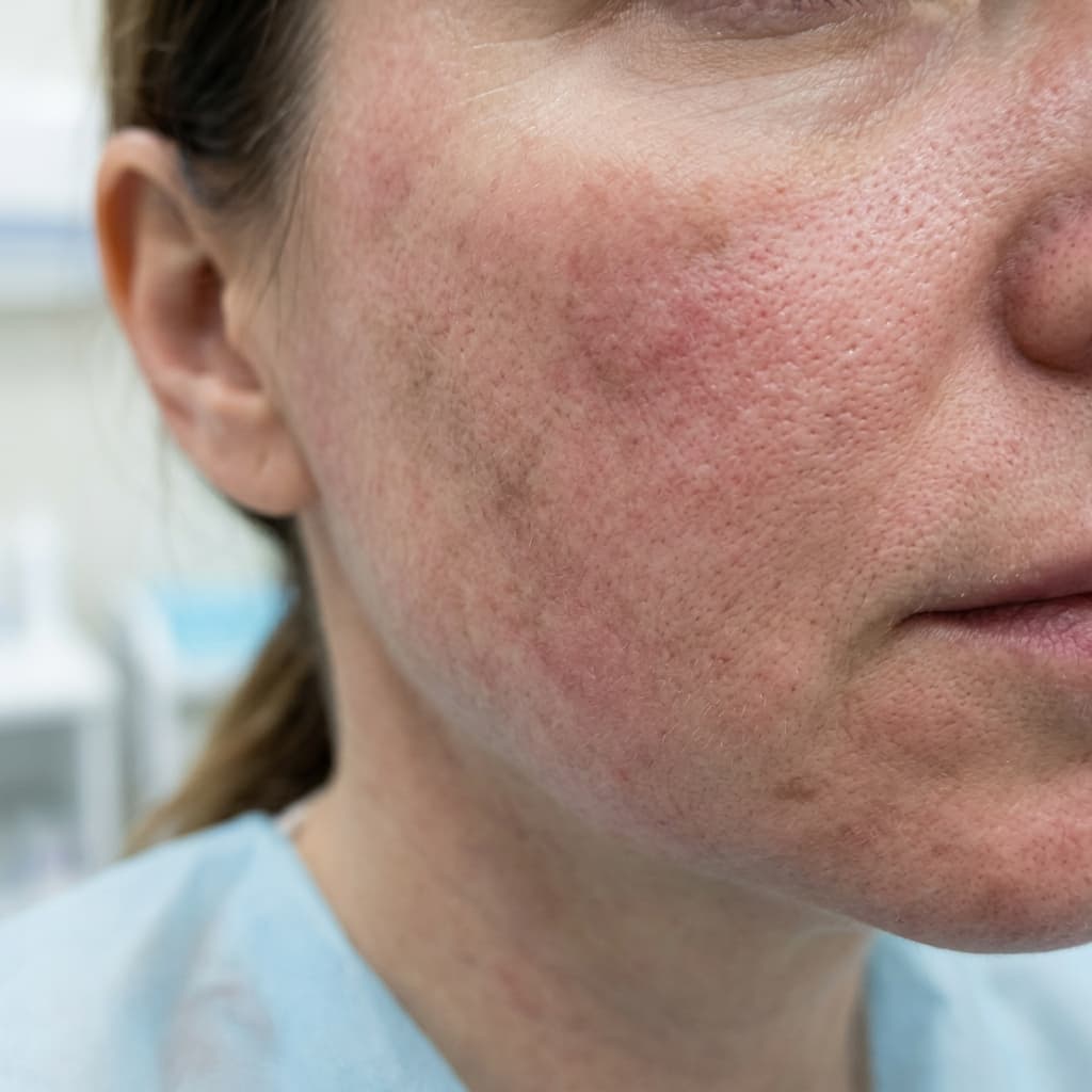 Uneven skin tone and visible pores before BB Glow facial treatment at The Enchara Cardiff
